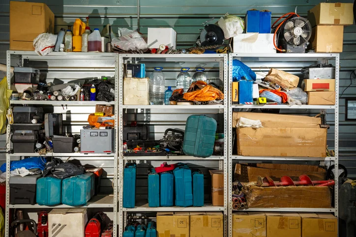 Open metal shelving filled with items.